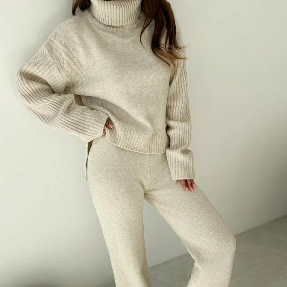 Grey Casual Women's Loose Fit High Neck Oversized Sweater Set - Picture 2 of 8